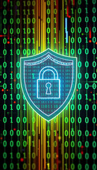 Poster - Glowing digital shield with padlock symbol against backdrop of streaming binary code Cyber security