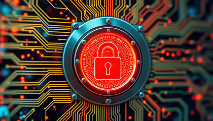 Poster - Lock icon over circuit board illustrates data protection security and online safety measures