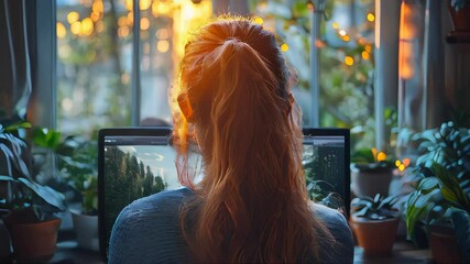 Poster - A woman sits on a couch watching a webinar on her laptop in a cozy, book-filled home setting