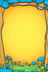 Aufkleber - Cartoon frame with wooden borders, flowers, grass and yellow background