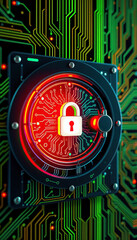 Poster - Cybersecurity padlock symbol with glowing electronic circuitry data protection