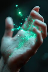 Poster - A human hand emits a faint radioactive green glow surrounded by soft-focus light effects, creating a surreal atmosphere. This close-up captures a moment of ethereal beauty