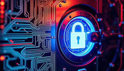 Poster - Cybersecurity lock securing data with digital circuit board pattern Safety tech security