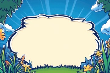 Aufkleber - Cartoon meadow Flowers, grass, trees surround blank cloud frame against blue, radiant sky