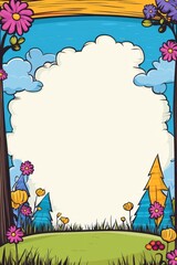 Aufkleber - Cartoon meadow frame Flowers, trees surround space for text against blue sky, puffy clouds and sunset