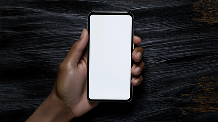 Poster - Smartphone held in hand displaying blank screen on dark wood background showcasing modern technology and mobile device in hand