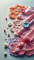 Poster - A bunch of colorful crochet lace with buttons and flowers on it. There are also beads and pearls on the table