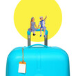 © master1305 - Two children sitting on giant suitcase, dressed as young sailors, excitedly looking at sky against sunny backdrop. Concept of childhood travel, adventure, vacation, exploration, imagination, joy.