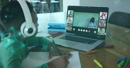 Poster - Participating in school animation, child in online class with teacher on laptop