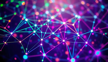 Poster - Colorful interconnected network of glowing nodes and lines complex web like structure