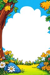 Aufkleber - Cartoon tree blooms flowers in field clearing against bright sky with space for text/image