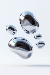 Poster - Several sleek and smooth droplets of liquid chrome appear to float in a minimalist space against a white background. The droplets exhibit a high level of reflectivity
