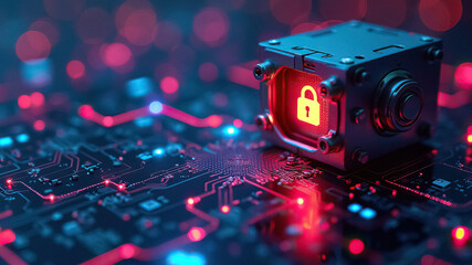 Poster - Secured data cube resting on circuit board with glowing red and blue connections Security concept