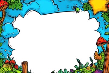 Aufkleber - Cartoonish frame Sky background, grass foreground, mushroom, star, insect. Blank copy space in center
