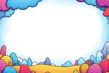 Aufkleber - Cartoonish woodland frame. Colorful background, fluffy clouds above landscape, and decorative border with blank space