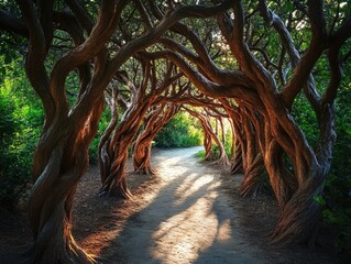 Wall Mural - enchanted pathway, a sun-drenched walk through twisted tree embrace