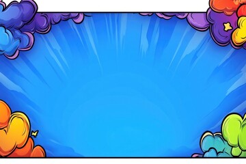Aufkleber - Colorful cartoon clouds frame blue burst background. Animated sky art illustration