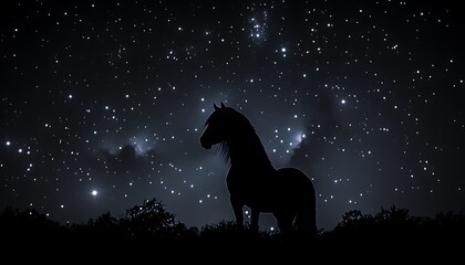 Silhouette horse starry night landscape