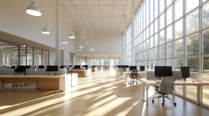 Aufkleber - Modern office interior, sunlit workspace, large windows, natural light, for business concept, productivity
