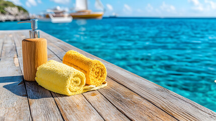 Aufkleber - A serene seaside view featuring yellow towels on a wooden dock with turquoise waters and boats in the background, perfect for relaxation and leisure