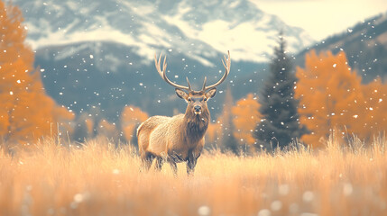Poster - A majestic deer stands in a snowy landscape adorned with autumn colors, surrounded by mountains and falling snowflakes
