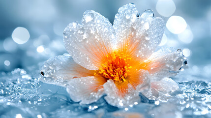 Poster - A delicate flower with orange center sits on a watery surface, adorned with droplets, creating a serene and vibrant atmosphere