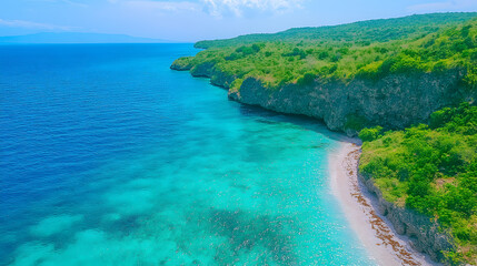 Poster - A stunning coastal scene featuring turquoise waters, a sandy beach, and lush greenery along a rocky shoreline under a clear blue sky