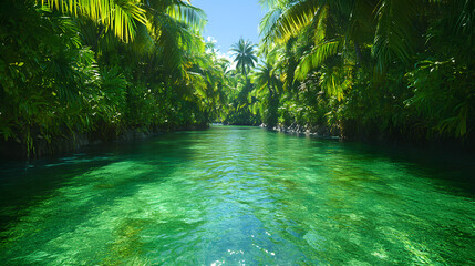 Poster - Lush green foliage surrounds a clear, tranquil river, reflecting sunlight and creating a serene, tropical paradise