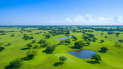 Poster - Aerial view of lush green fields with ponds under a clear blue sky, showcasing a serene and vibrant landscape