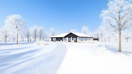 Aufkleber - A serene winter landscape featuring a cozy house surrounded by snow-covered trees under a clear blue sky