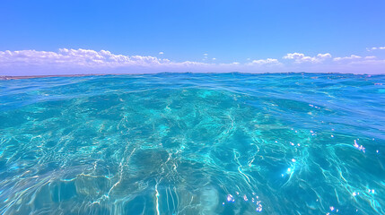 Poster - A serene ocean view capturing clear turquoise waters under a bright blue sky with scattered clouds