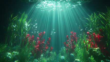 Poster - A tranquil underwater scene featuring colorful plants and rays of light filtering through the water, creating a serene aquatic atmosphere