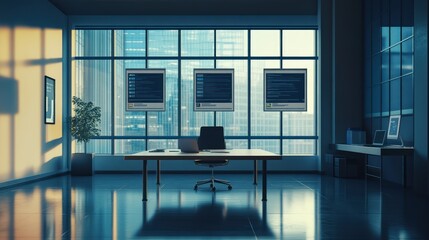 Poster - Modern office with city view, code displays, and workspace