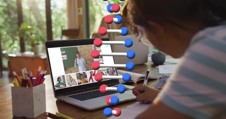 Poster - Student taking notes during online class with DNA strand animation overlay
