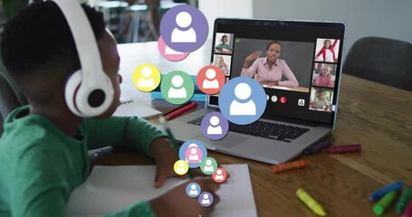 Poster - In school, child engaging in online class with colorful animation of user icons