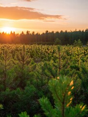 Wall Mural - serene forest landscape with young pine trees at golden hour sunset