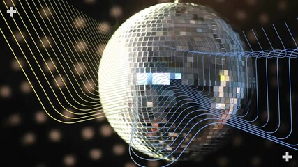 Poster - Reflecting colorful wave patterns, disco ball spinning in dark animation background