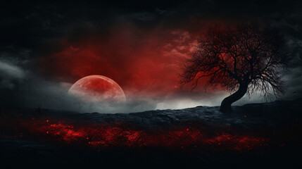 Aufkleber - A high-quality image with a grainy texture, featuring a black-to-red nature scene with mountains and trees.

