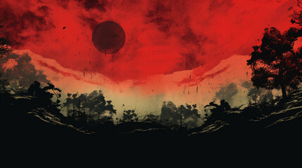 Aufkleber - A high-quality image with a grainy texture, featuring a black-to-red nature scene with mountains and trees.

