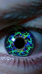 Poster - Dynamic transformation of futuristic neon digital eye patterns captured in closeup sequence