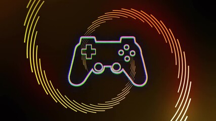 Poster - Animation of neon game controller with swirling orange lines on dark background