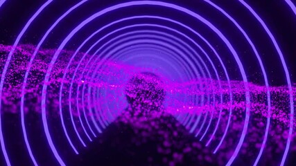 Poster - Animation of neon purple particles swirling through blue circles in digital tunnel
