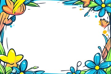 Aufkleber - Floral frame colorful cartoon blossoms forming rectangular border. White space inside, bright graphic background
