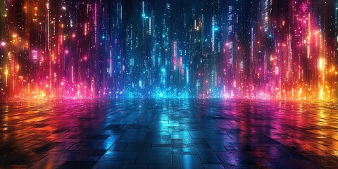 Poster - Colorful light display with vibrant reflections on wet pavement in a modern urban setting at night