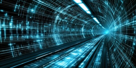 Poster - futuristic tunnel illuminated by blue and black light beams creates a dynamic atmosphere of movement