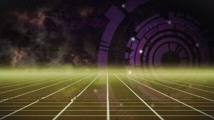 Poster - animation of glowing circular patterns on futuristic grid landscape with neon effects