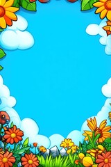 Aufkleber - Floral frame on a blue sky background, daisy and clouds. Outdoor garden setting