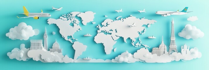 Poster - Layered paper art of a world map featuring famous landmarks, planes, ships, and clouds in a vibrant travel themed design