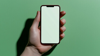 Poster - Smartphone in hand showcasing blank screen against green background. Hand holding smartphone displays empty screen offering clear view of mobile device on green surface