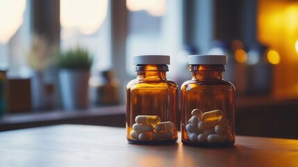 Poster - Vintage pharmacy glass bottles with modern pill packaging in a warm and detailed setting showcasing retro futurism aesthetics and balanced composition